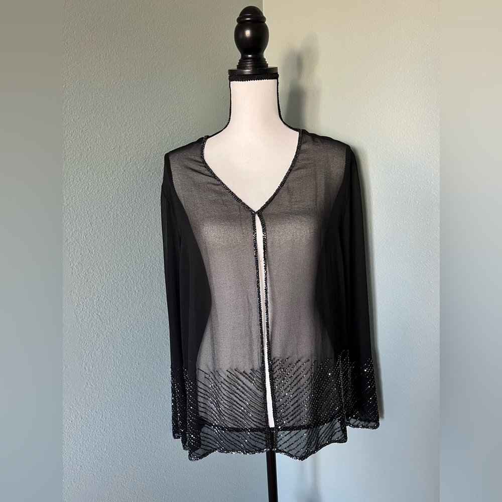 Jkara New York Black Sheer Beaded Long Sleeve Blouse Top Jacket  Size L